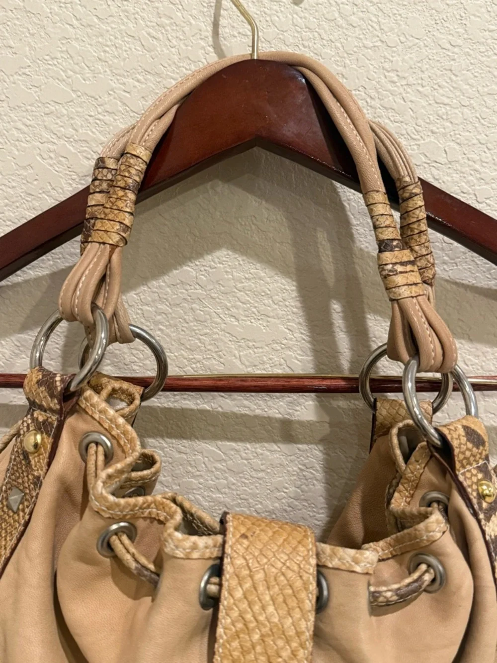 Y2K Tan Leather Python Trim Hobo Bag Mania Italy Silver Ring Gold Stud Boho
